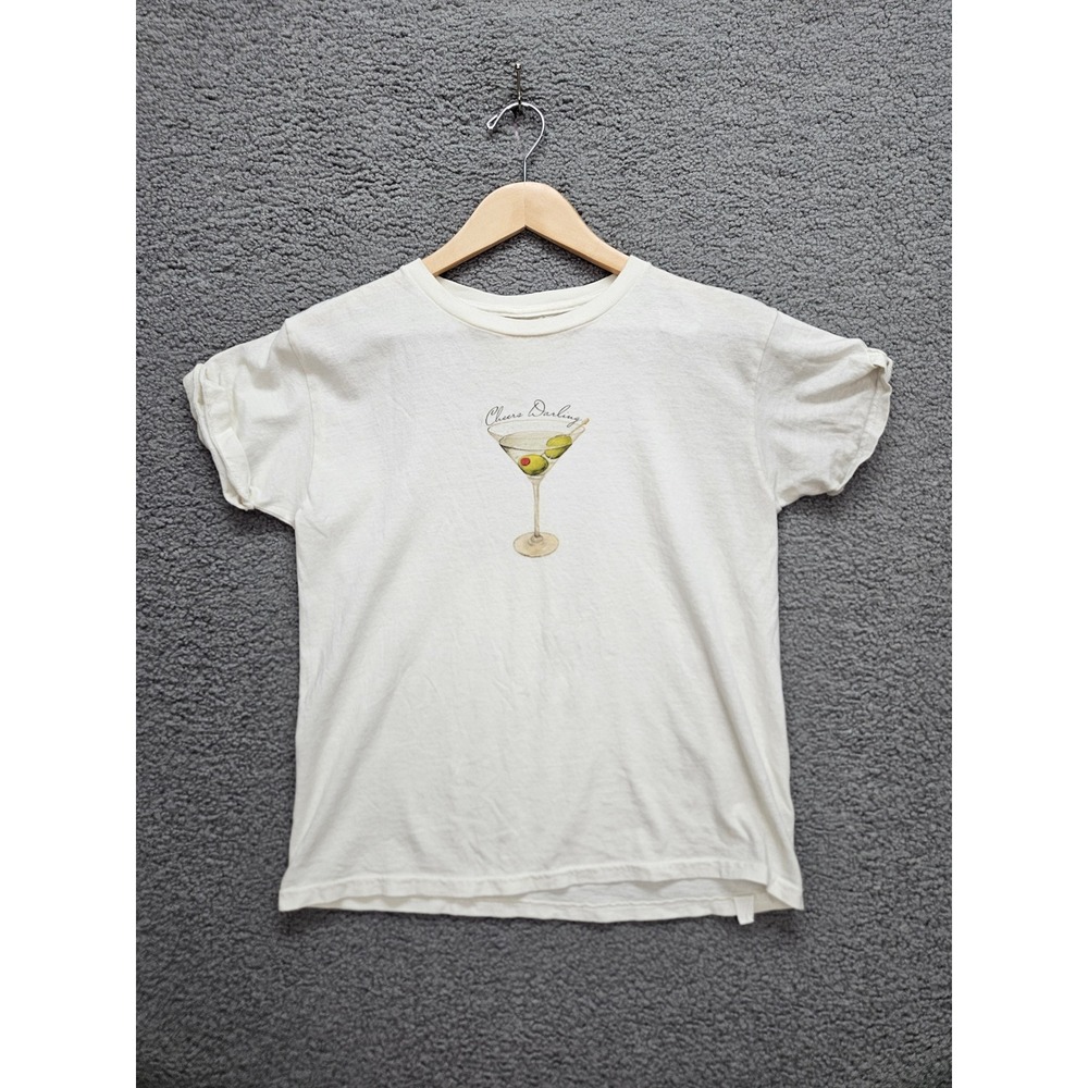 Anthropologie T-Shirt Small Ivory Martini Graphic Cheers Darling Coquette Tee
